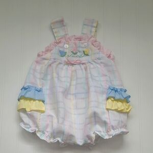 Vintage Pastel Plaid Baby Romper With Ruffles And Tulips, See Photos For Size